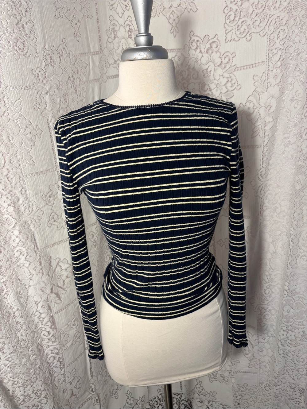 J. Crew Navy and Cream Striped Ribbed Long-Sleeve Top